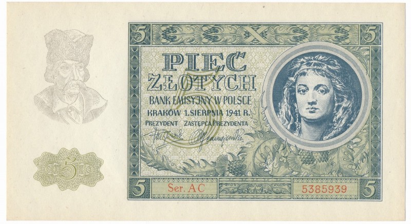 5 złotych 1941 - AC -
Emisyjny stan zachowania.Reference: Miłczak 101a
Grade: ...