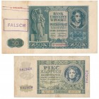 5 i 50 złotych 1941 - przestemplowane jako fałszerstwaBanknoty ostemplowane jako fałszerstwa.

Grade: VF+/VF