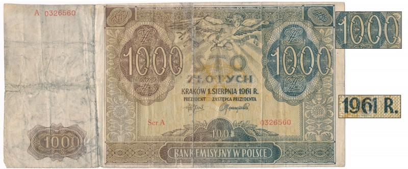 100 złotych 1941 PRZERÓBKA na 1.000 zł 1961
Ciekawe fałszerstwo, prawdopodobnie...