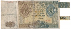 100 złotych 1941 PRZERÓBKA na 1.000 zł 1961
Ciekawe fałszerstwo, prawdopodobnie wykonane na szkodą zagranicznych turystów.
Doklejone zero do nominał...