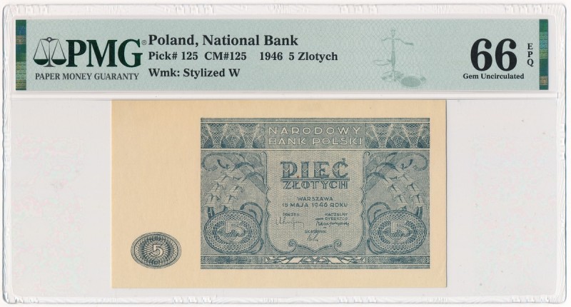 5 złotych 1946 - PMG 66 EPQ
Wariant kolorystyczny popadający w odcienie szarośc...