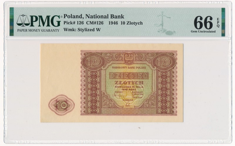 10 złotych 1946 - PMG 66 EPQ
Emisyjny stan zachowania.&nbsp;Reference: Miłczak ...