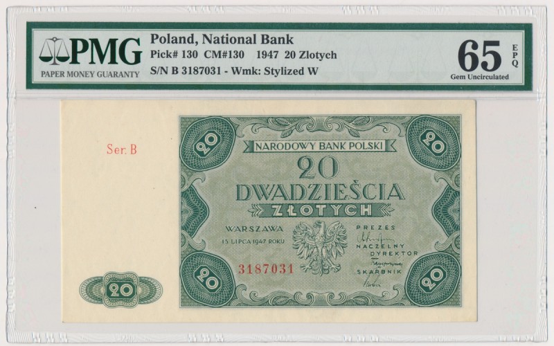 20 złotych 1947 - B - PMG 65 EPQ
Drobne nieświeżości narożników, reszta znakomi...