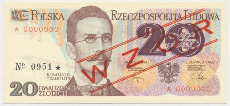 20 złotych 1982 WZÓR A 0000000 No.0951
&nbsp;Stan emisyjnyReference: Miłczak 15...