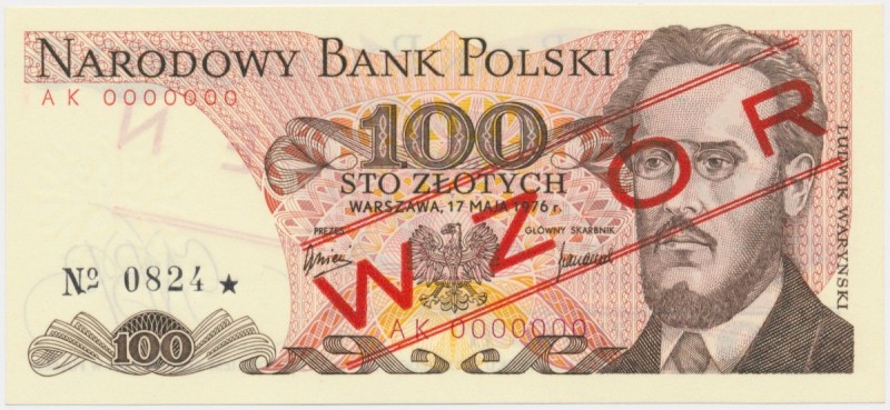 100 złotych 1976 WZÓR AK 0000000 No.0824
Emisyjny stan zachowania.&nbsp;Referen...