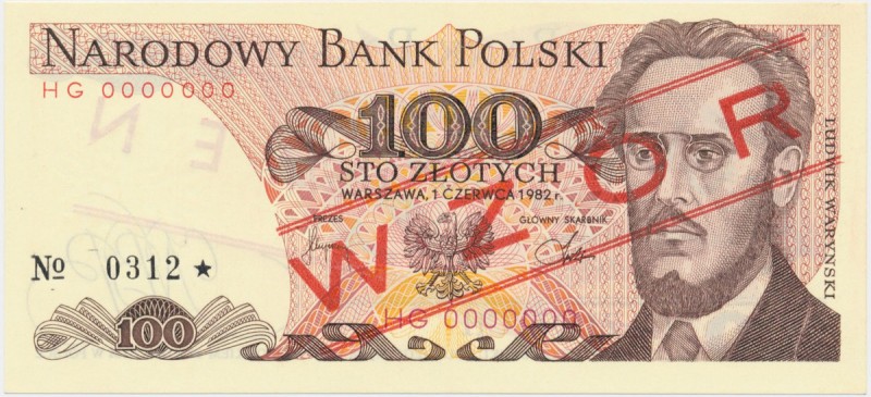 100 złotych 1982 WZÓR HG 0000000 No.0312
Rzadziej notowany wzór.
Emisyjny stan...