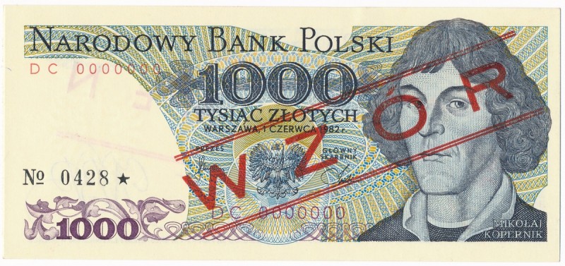 1.000 złotych 1982 WZÓR DC 0000000 No.0428
Rzadziej notowany wzór.
Emisyjny st...