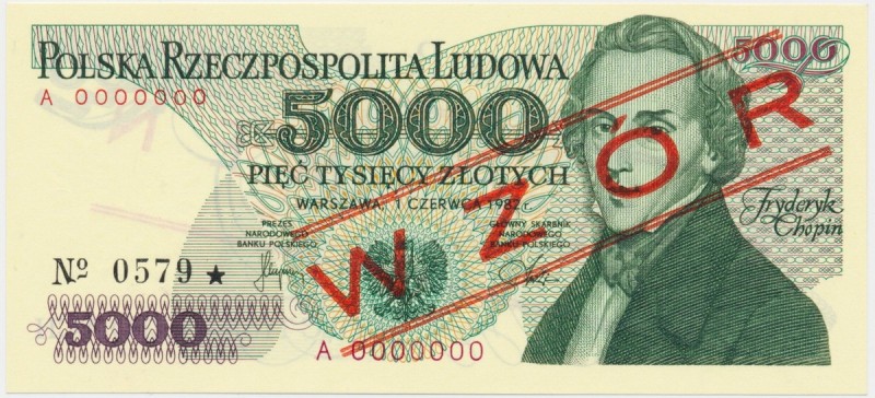 5.000 złotych 1982 WZÓR A 0000000 No.0579
Stan emisyjny.Reference: Miłczak 164W...