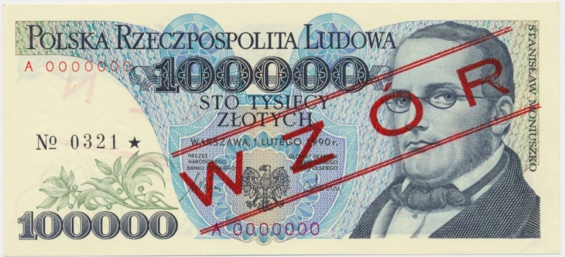 100.000 złotych 1990 WZÓR A 0000000 No.0321
Rzadko notowany wzór.&nbsp;
Ugięty...