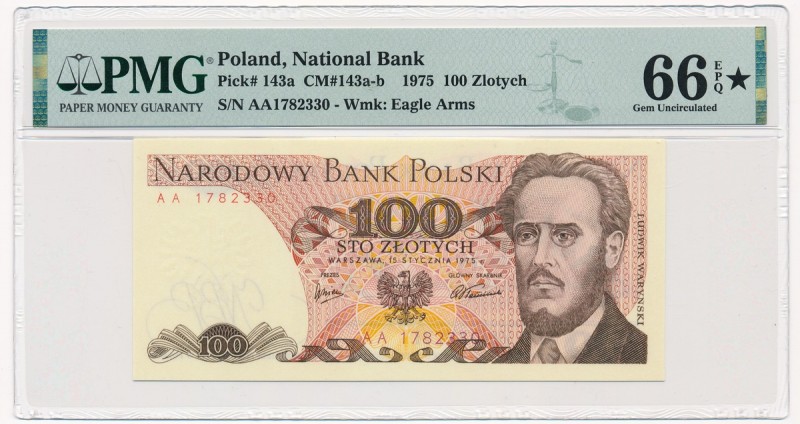 100 złotych 1975 - AA - PMG 66 EPQ ★
Rzadka seria AA.&nbsp;
Wysoka ocena od PM...