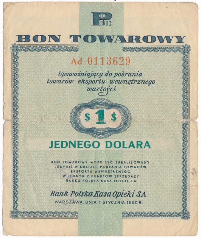Pewex 1 dolar 1960 - Ad - bez klauzuli - RZADKA SERIA
Odmiana bez klauzuli na r...