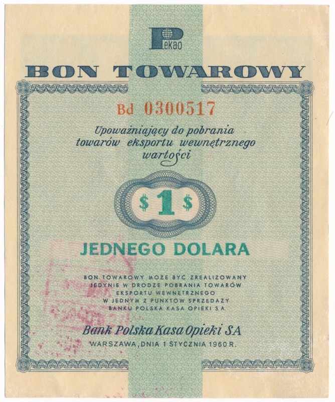 Pewex 1 dolar 1960 - Bd - bez klauzuli - RZADKA
Odmiana bez klauzuli na rewersi...