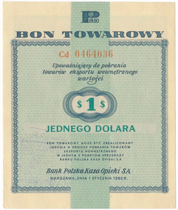 Pewex 1 dolar 1960 - Cd - z klauzulą
Odmiana z klauzulą na rewersie. Lepsza ser...