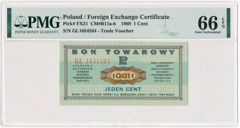 Pewex 1 cent 1969 - GL - PMG 66 EPQ
Stan emisyjny.Reference: Miłczak B11b
Grad...