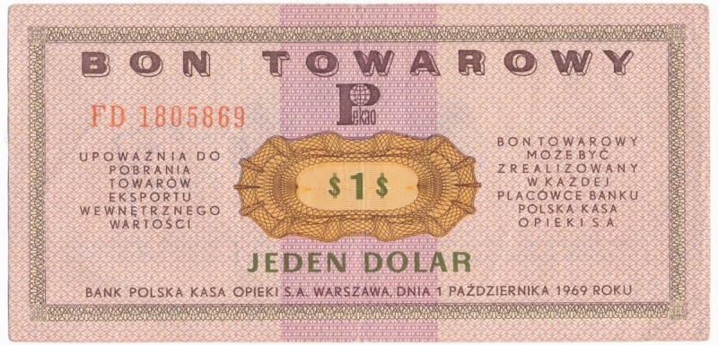 Pewex 1 dolar 1969 - FD -
Wariant z dużymi literami serii.
Kilkukrotnie ugięty...