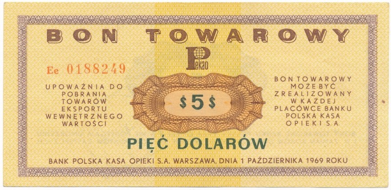 Pewex 5 dolarów 1969 - Ee - RZADKI
Bardzo rzadka odmiana z serią w układzie DUŻ...