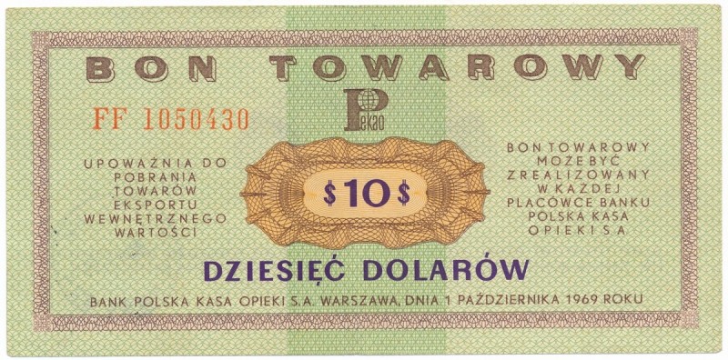 Pewex 10 dolarów 1969 - FF -
Dwukrotnie przełamany oraz dwukrotnie ugięty w pio...