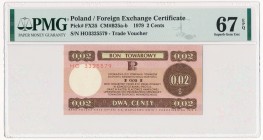 Pewex 2 centy 1979 - mały - HO - PMG 67 EPQ
Wymiary pola bonu 110 x 55 mm.&nbsp;
Emisyjny stan zachowania.
Najwyższa nota w rejestrze PMG.Reference...