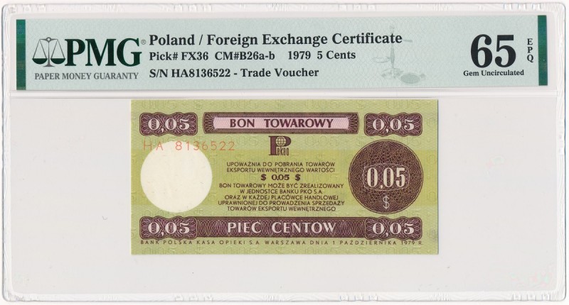 Pewex 5 centów 1979 - mały - HA - PMG 65 EPQ
Wariant z serią HA. Wymiary pola b...