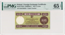 Pewex 5 centów 1979 - mały - HA - PMG 65 EPQ
Wariant z serią HA. Wymiary pola bonu 110 x 55 mm.&nbsp;
Emisyjny stan zachowania.Reference: Miłczak B2...