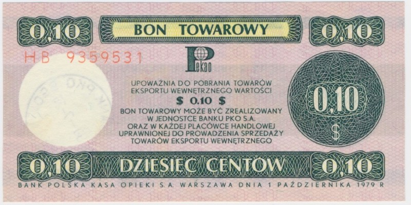 Pewex 10 centów 1979 - mały - HB -
Wymiary pola bonu 111 x 55 mm.&nbsp;
Emisyj...