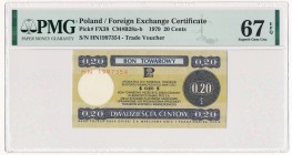 Pewex 20 centów 1979 - mały - HN - PMG 67 EPQ
Wariant z serią HN. Wymiary pola bonu 110 x 55 mm.&nbsp;
Emisyjny stan zachowania.
Najwyższa nota w r...
