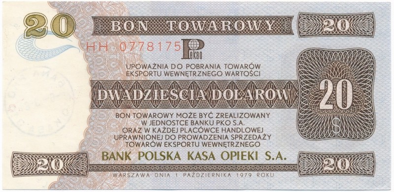 Pewex 20 dolarów 1979 - HH -
Śladowe, zanikające ugięcie w pionie. Lekko ugięty...