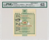 Pewex 20 dolarów 1960 - Dh - WZÓR - numeracja bieżąca - PMG 63
Rzadka odmiana wzoru z pierwszej emisji bonów PKO SA z 1960 roku. Numeracja bieżąca, c...