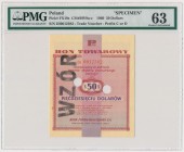 Pewex 50 dolarów 1960 - Di - WZÓR - numeracja bieżąca - PMG 63
Rzadka odmiana wzoru z pierwszej emisji bonów PKO SA z 1960 roku. Numeracja bieżąca, c...