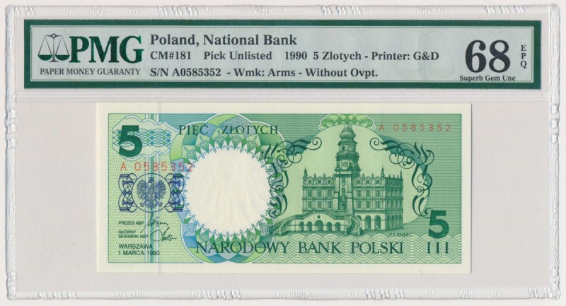 5 złotych 1990 - A - PMG 68 EPQ
Emisyjny stan zachowania.
Reference: Miłczak 1...