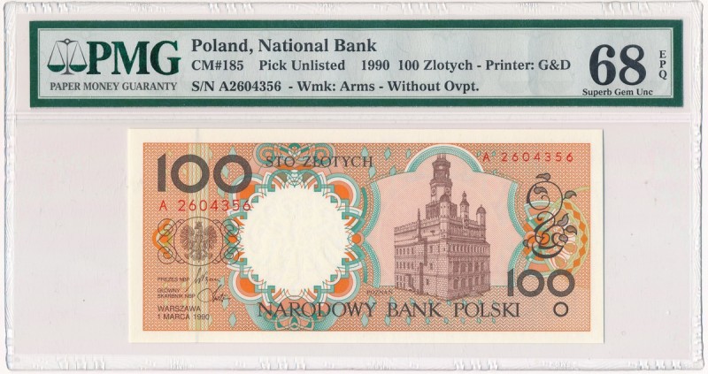 100 złotych 1990 - A - PMG 68 EPQ
Emisyjny stan zachowania.Reference: Miłczak 1...