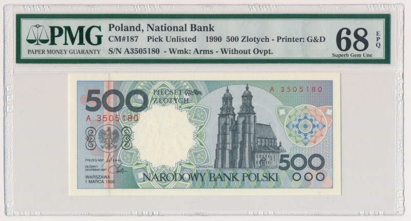 500 złotych 1990 - A - PMG 68 EPQ
Emisyjny stan zachowania.
Reference: Miłczak...