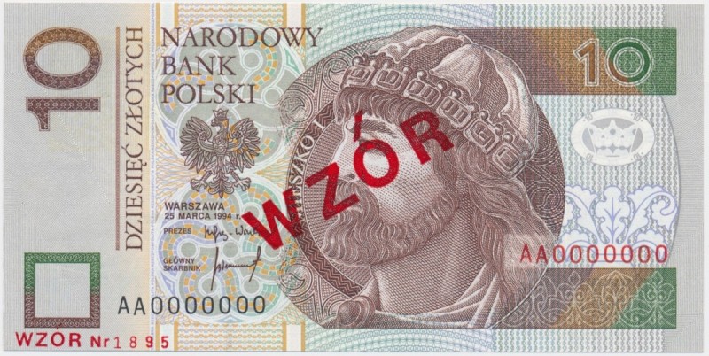 10 złotych 1994 WZÓR - AA 0000000 - Nr. 1895
Emisyjny stan zachowania.&nbsp;Ref...