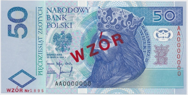 50 złotych 1994 WZÓR - AA 0000000 - Nr 1895
Śladowa niedoskonałość lewej krawęd...