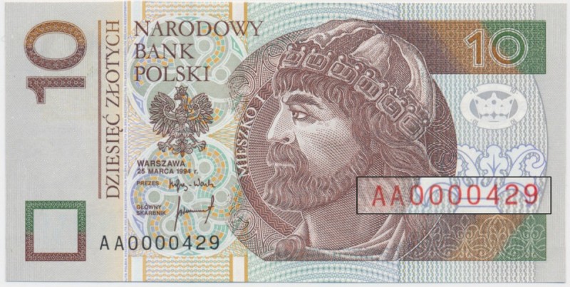 10 złotych 1994 - AA - 0000429 - niski numer
Pierwsza seria, pierwszego rocznik...