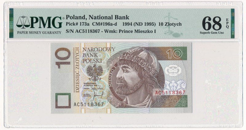 10 złotych 1994 - AC - PMG 68 EPQ - rzadka seria
Bardzo rzadka seria AC z pierw...