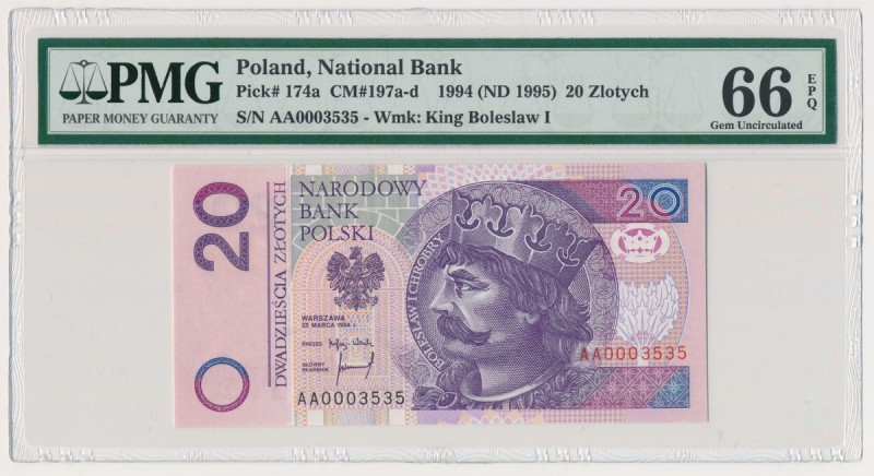 20 złotych 1994 - AA - PMG 66 EPQ
Emisyjny stan zachowania.&nbsp;
Reference: M...