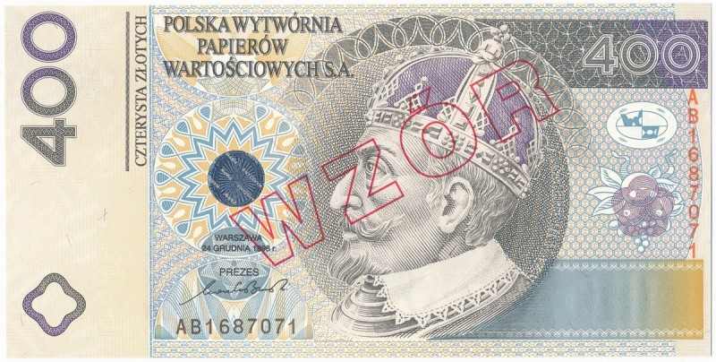 PWPW, 400 złotych 1996 - WZÓR na awersie
Wysokiej jakości banknot testowy PWPW ...