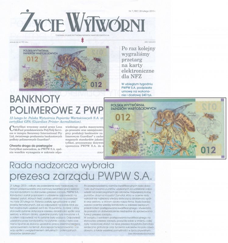 PWPW 012, Pszczoła (2012) wraz z tygodnikiem zakładowym ŻYCIE WYTWÓRNI
Pszczoła...