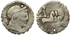 Roman Republic, C. Naevius Balbus, Denarius serratusReference: Crawford 382/1b. Sydenham 769b
Grade: 4 ~