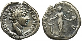 Roman Imperial, Marcus Aurelius, Denarius - rarer reverseReference: RIC 423a
Grade: VF+