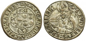 Austria, Archbishopric of Salzburg, Max Gandolf von Küenburg, 3 Kreuzer Salzburg 1681Reference: Probszt 1687
Grade: VF+