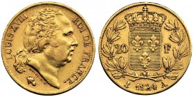 France, Louis XVIII, 20 francs Paris 1818 A
Złoto .900&nbsp; 6.43 g.
Reference: Gadoury 1028
Grade: VF+
