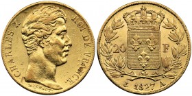 France, Charles X, 20 francs Paris 1827 A
Złoto .900&nbsp; 6.42 g.
Reference: Gadoury 1029
Grade: XF-