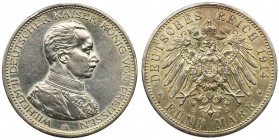 Germany, Prussia, William II, 5 mark Berlin 1914 A
Zegarowy połysk, ale tło przetarte.

Reference: Jaeger 114
Grade: 2 ~