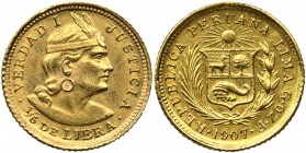 Peru, 1/5 libra Lima 1907 GOZF
Minor surface hairliness. A lot of mint luster.
Lekkie przetarcie tła. Menniczy, zegarowy połysk.
Złoto .917 1.59 g....