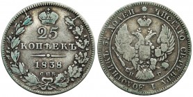 Russia, Nicholas I, 25 Kopeks Petersburg 1838 СПБ НГReference: Bitkin 281
Grade: VF