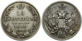 Russia, Nicholas I, 10 kopeks Petersburg 1849 СПБ ПАReference: Bitkin 374 (R1)
Grade: VF+