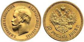 Russia, Nicholas II, 10 rubles Petersburg 1903 A•P
Złoto .900 8.6 g 
Reference: Bitkin 11
Grade: XF+