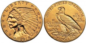 USA, 2 1/2 dollar Philadelphia 1915 - Indian Head
Złoto .900&nbsp; 4.17 g.
Reference: Friedberg 120
Grade: XF+